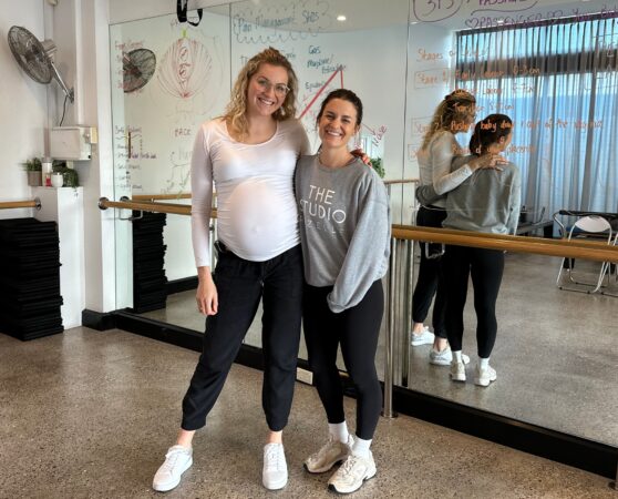 Petra Koenig farewelling a Studio staff member before maternity leave